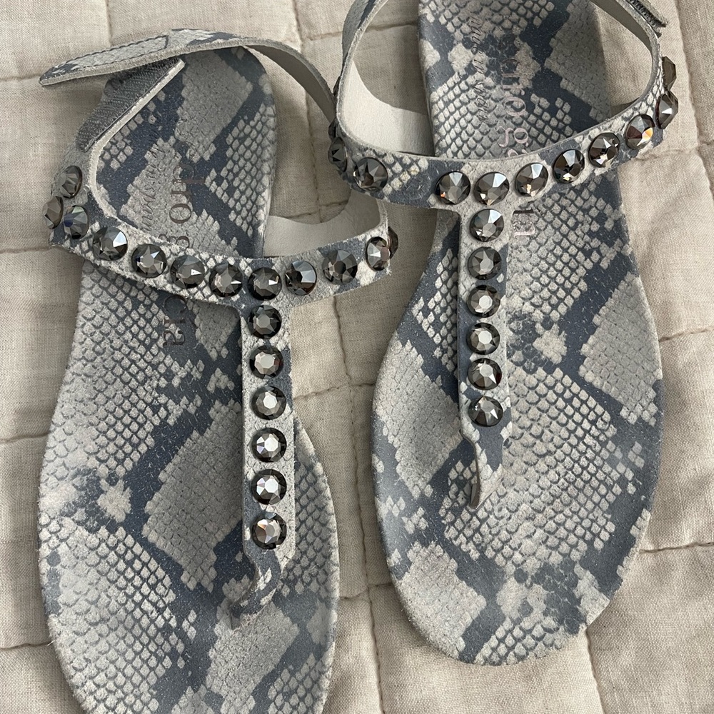Pedro Garcia
Judith Jeweled T-Strap Sandals in gray snake